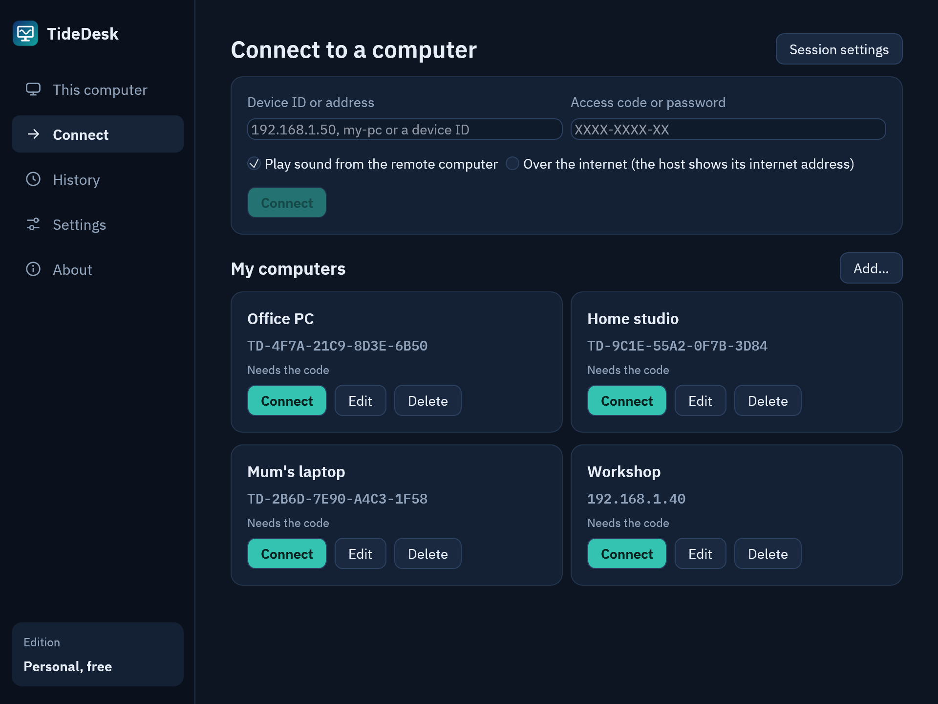 TideDesk’s Connect page: a box for a device ID or address and an access code, and four saved computers under My computers, each with a Connect button.
