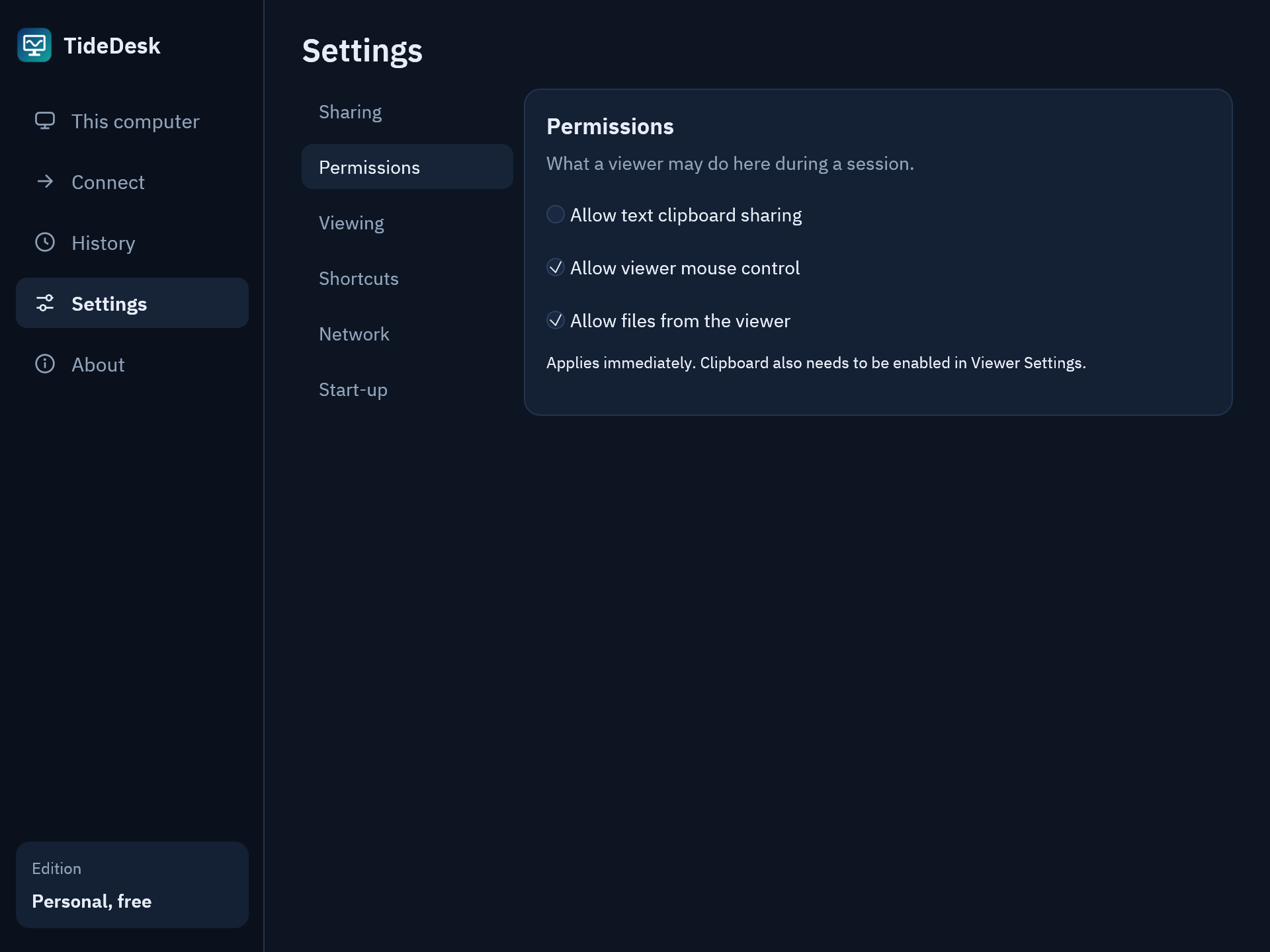 TideDesk’s Settings, Permissions page: switches for text clipboard sharing, viewer mouse control and files from the viewer.