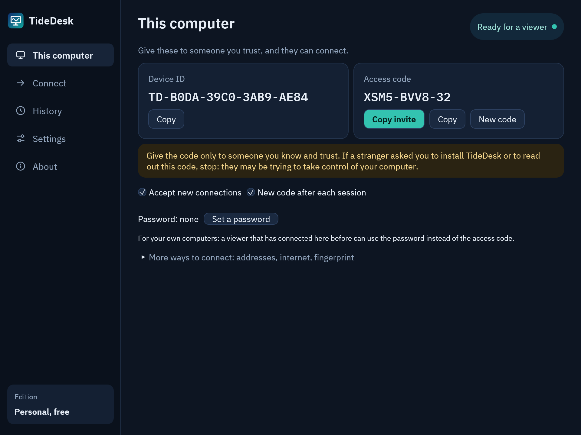TideDesk’s This computer page: a device ID, an access code with Copy invite and New code buttons, and a warning to give the code only to someone you trust.